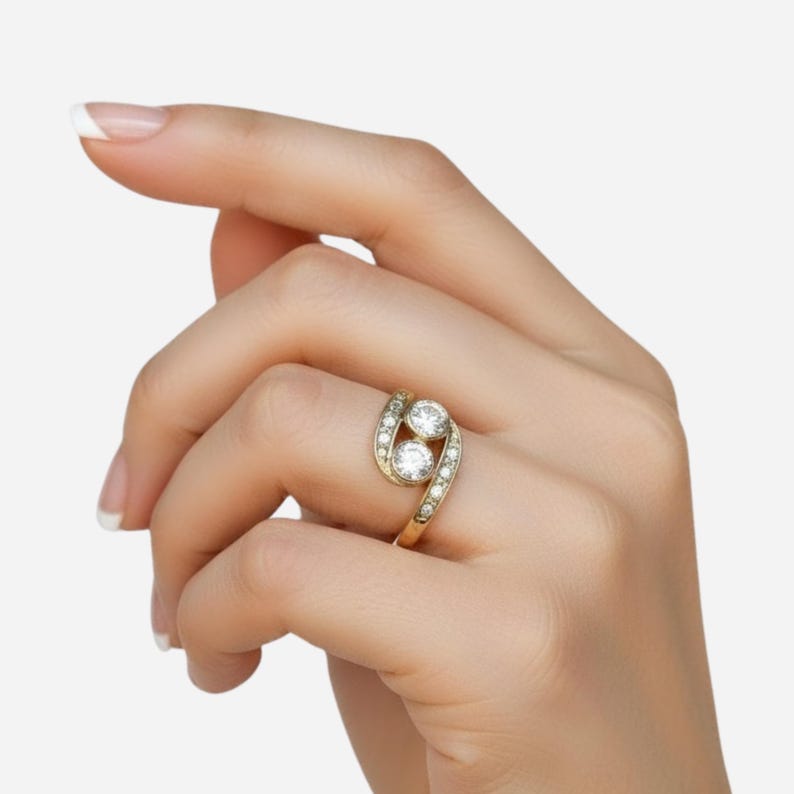 Gold Diamond Ring, Created Diamond, 2 Stone Ring, Dainty Gold Ring, Vintage Ring, Asymmetric Ring, Sparkly Ring, Solid Silver Ring, CZ Ring