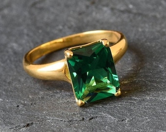 Gold Emerald Ring, Created Emerald, Antique Ring, Green Square Ring, Radiant Ring, Gold Vintage Ring, Gold Plated Ring, Gold Vermeil Ring