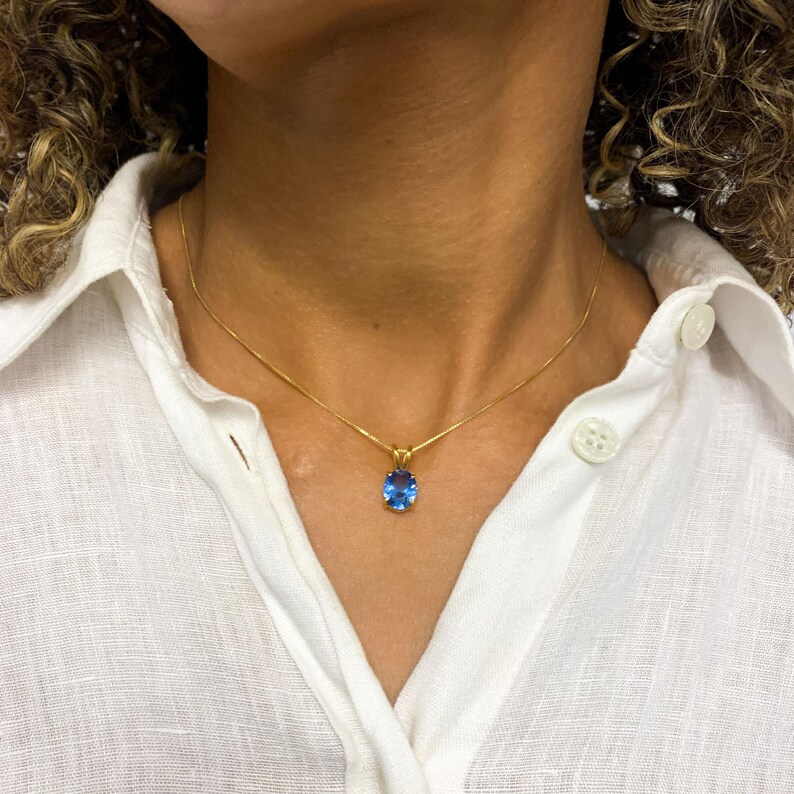 Colgante de aguamarina dorada, aguamarina creada, colgante azul agua, colgante ovalado, piedra de nacimiento de marzo, collar de oro de 18 k, oro vermeil imagen 3