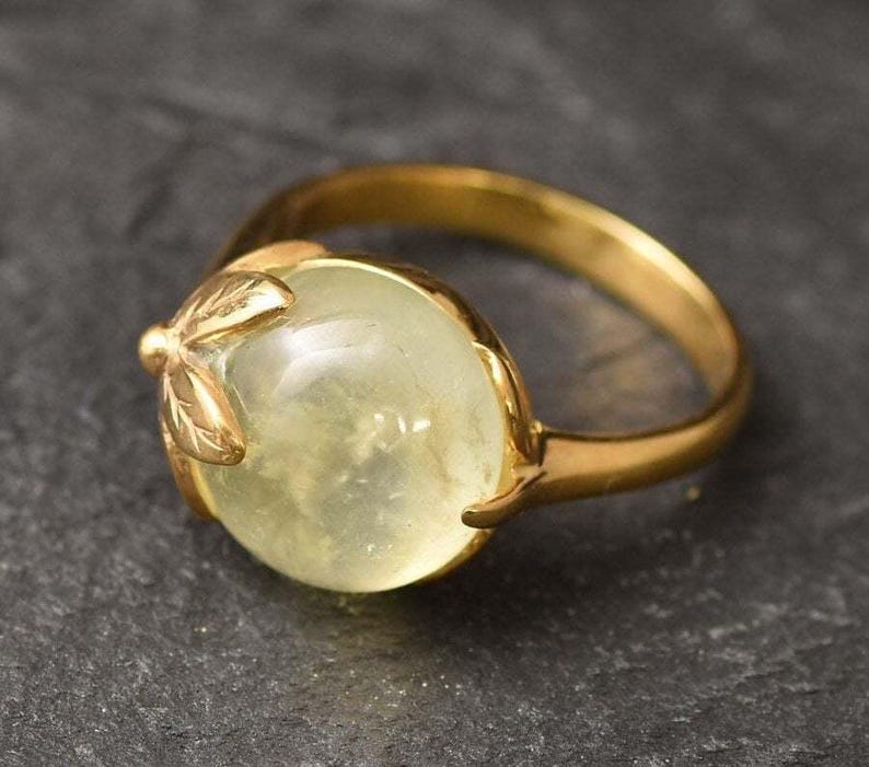Anillo de hoja de oro, prehnita natural, anillo de piedra natal de mayo, anillo de flor de oro, anillo antiguo de oro, anillo vintage, anillo de plata maciza, chapado en oro de 18 quilates imagen 3