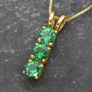 Gold Emerald Pendant, Emerald Necklace, Three Stone Pendant, Drop Pendant, Created Emerald, Trilogy Pendant, Gold Vermeil Pendant, Emerald