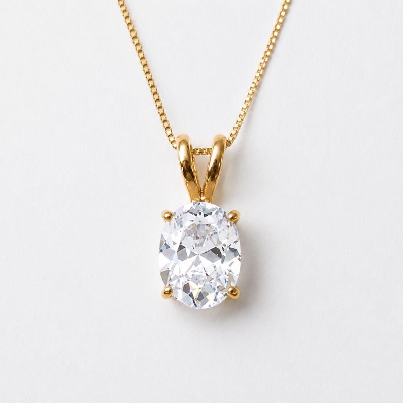 Gold Diamond Pendant, Created CZ Diamond, Sparkly Necklace, Clear Oval Pendant, Dainty necklace, Gold Plated Pendant, Gold Vermeil Necklace image 10