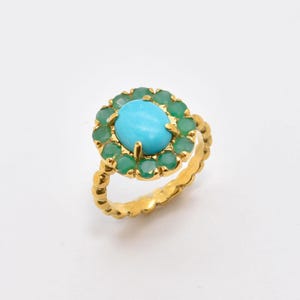 Gold Turquoise Ring, Victorian Ring, Natural Turquoise, Gold Flower Ring, Antique Ring, Turquoise Ring, 3 Carat Ring, Emerald Ring, Vermeil