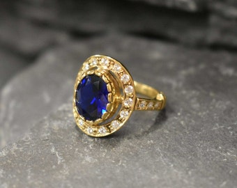 Anello con zaffiro, zaffiro creato, anello vittoriano in oro, anello con diamante blu, anello con zaffiro in oro, anello vintage in oro, anello blu reale, anello blu