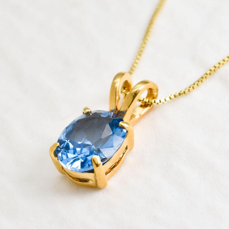 Colgante de aguamarina dorada, aguamarina creada, colgante azul agua, colgante ovalado, piedra de nacimiento de marzo, collar de oro de 18 k, oro vermeil imagen 6