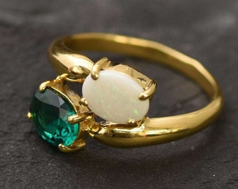 Gold Bypass Ring, Natural Opal Ring, Created Emerald, Gold Plated Ring, October Birthstone, Two Stone Ring, Asymmetric Ring, Vermeil Ring