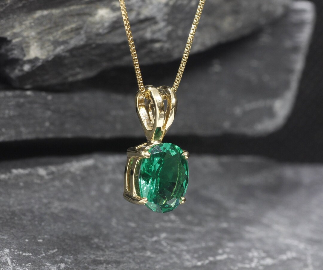 Gold Emerald Pendant Created Emerald Green Oval Pendant - Etsy