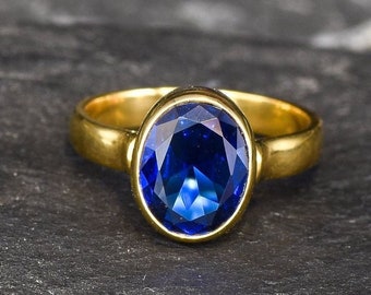Blue Sapphire Ring, Created Sapphire, Gold Vermeil Ring, Antique Ring, Promise Ring, Royal Blue Ring, Oval Sapphire Ring, Solitaire Ring
