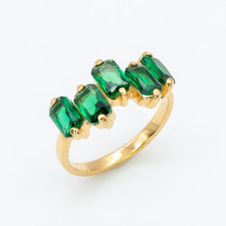 Gold Emerald Ring, Created Emerald, Emerald Ring, Gold Green Ring, Baguette Ring, Emerald Cut Ring, Half Eternity Band, Gold Vermeil Ring