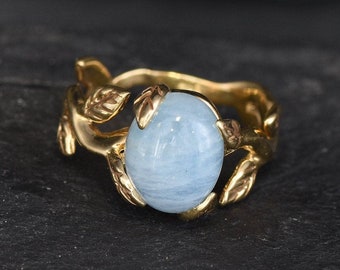 Gold Aquamarine Ring, Natural Aquamarine, Vintage Ring, Gold Leaf Ring, March Birthstone, Gold Antique Ring, Gold Plated Ring, Proposal Ring