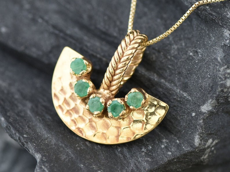 Gold Emerald Pendant, Natural Emerald Necklace, Crescent Pendant, Egyptian Pendant, Antient Pendant, Tribal Pendant, Gold Vermeil Necklace image 6