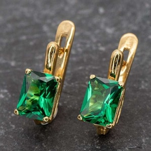 Gold Emerald Earrings, Created Emerald, Gold Emerald Cut Earrings, Gold Octagon Earrings, Emerald Octagon Earrings, Dainty Emerald Earrings