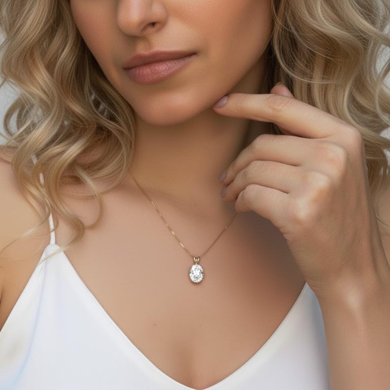 Gold Diamond Pendant, Created CZ Diamond, Sparkly Necklace, Clear Oval Pendant, Dainty necklace, Gold Plated Pendant, Gold Vermeil Necklace image 6