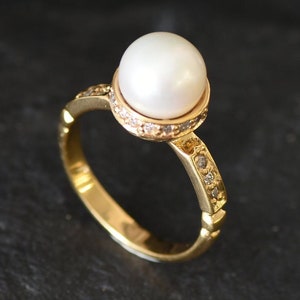 Gold Pearl Ring, Pearl Bridal Ring, Natural White Pearl, Pearl Engagement Ring, Gold Vermeil Ring, Vintage Pearl Ring, Gold Wedding Jewelry image 9