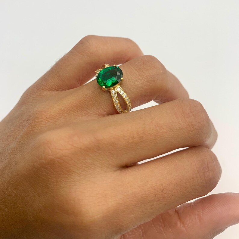 Gouden ring met smaragd, gemaakt van smaragd, gouden vintage ring, gouden verlovingsring, beloftering, groene ring, 18 kt goud vermeil, ring 3 karaat afbeelding 9