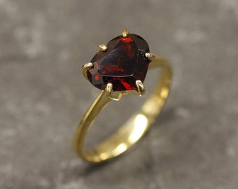 Gold-Granat-Ring, natürlicher Granat, Herz-Ring, Gold-Herz-Ring, Verlobungsring, Januar-Geburtsstein, Roter Herz-Ring, Solitär-Ring, Gold-Ring