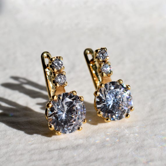 Gold CZ Earrings, Diamond Earrings, 2 carat Diamond, Created Diamond, Bridal Diamond Earrings, Bridal Earrings, CZ Diamonds, Solid Silver