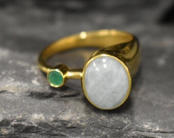 Gold Aquamarine Ring, Natural Aquamarine, Gold Plated Ring, March Birthstone, Two Stone Ring, Boho Ring, Unique Ring, Vermeil Ring, Emerald