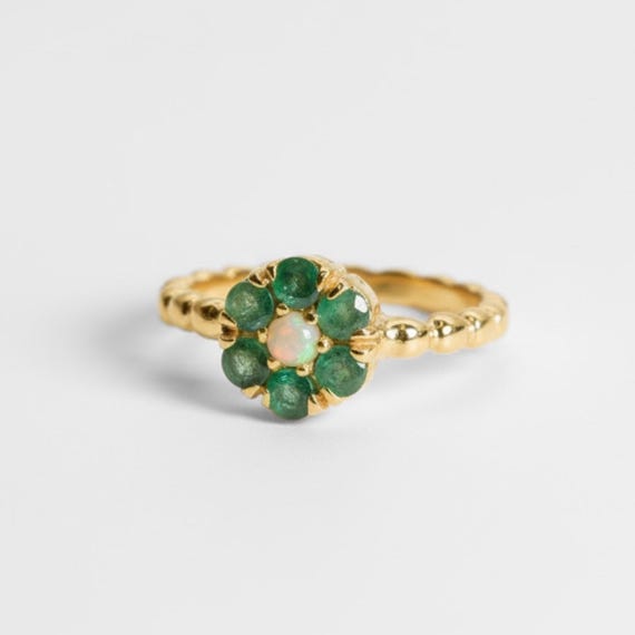 Gold Flower Ring, Natural Emerald Ring, Opal Ring, Green Daisy Ring, Gold Plated Ring, May Birthstone, Vintage Ring, Dainty Flower Ring