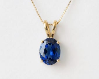 Gouden saffierhanger, ovale hanger, saffier gemaakt, koningsblauwe hanger, blauwe diamanten hanger, blauwe saffierhanger, gouden vermeil hanger