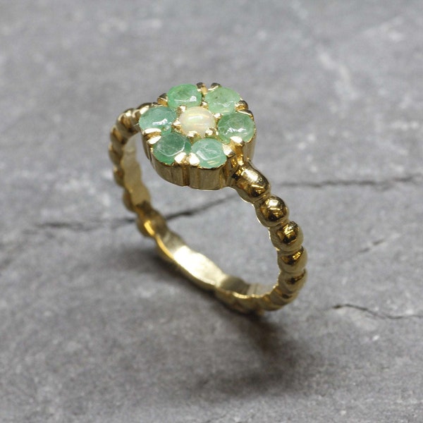 Gold Flower Ring, Natural Emerald Ring, Opal Ring, Green Daisy Ring, Gold Plated Ring, May Birthstone, Vintage Ring, Dainty Flower Ring