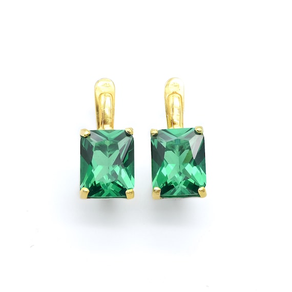 Gold Emerald Earrings, Gold Square Earrings, Created Emerald, Gold Emerald Studs, Emerald Cut Earrings, Gold Vermeil Earrings, 18K Gold Stud