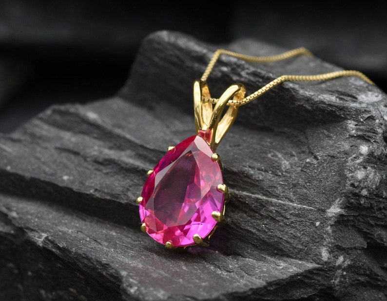 Gold Alexandrite Pendant, Created Alexandrite, June Birthstone, Gold Teardrop Pendant, Gold Pear Pendant, Pink Pendant, Gold Plated Pendant image 3