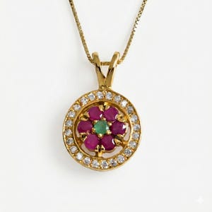 Gold Ruby Pendant, Natural Ruby, Ruby Flower Necklace, Cluster Ruby Pendant, Emerald Flower Pendant, Red Flower Necklace, July Birthstone