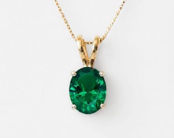 Gold Emerald Pendant, Created Emerald, Green Oval Pendant, Gold Plated Pendant, Emerald Necklace, Dainty Green Pendant, Gold Vermeil Pendant