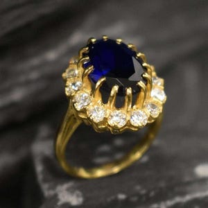 Gold Oval Sapphire Ring, Created Blue Sapphire, Gold Sapphire Ring, Princess Diana Ring, Gold Victorian Ring, Royal Blue Ring, Promise Ring