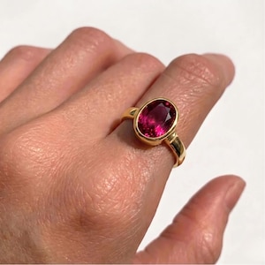 Gold Ruby Ring, Oval Ruby Ring, Ruby Gold Band, July Birthstone, Solitaire Ruby Ring, Red Ring, Gift For Her, Bezel Ring, 18k Gold Vermeil image 2