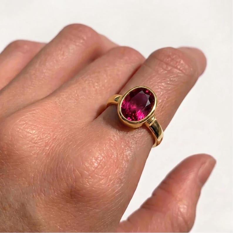 Gold Ruby Ring, Oval Ruby Ring, Ruby Gold Band, July Birthstone, Solitaire Ruby Ring, Red Ring, Gift For Her, Bezel Ring, 18k Gold Vermeil image 2