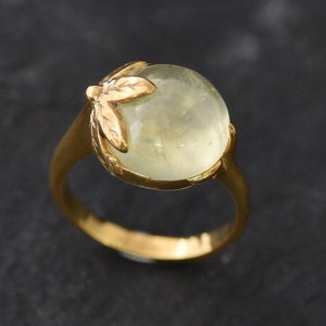 Anillo de hoja de oro, prehnita natural, anillo de piedra natal de mayo, anillo de flor de oro, anillo antiguo de oro, anillo vintage, anillo de plata maciza, chapado en oro de 18 quilates imagen 9