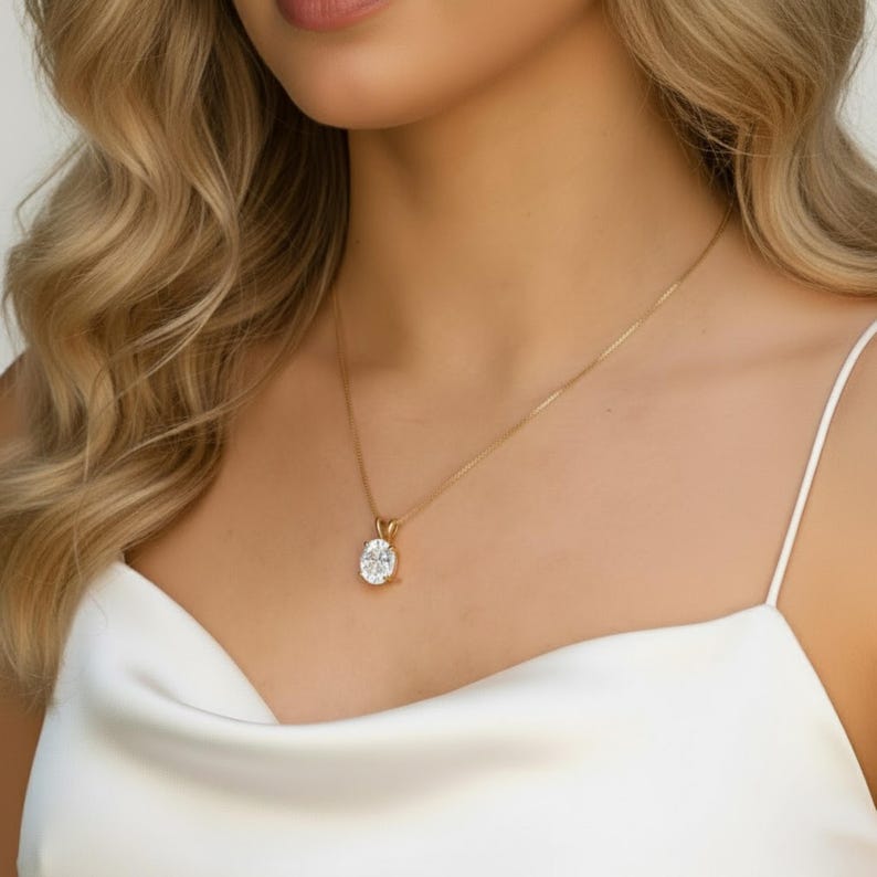 Gold Diamond Pendant, Created CZ Diamond, Sparkly Necklace, Clear Oval Pendant, Dainty necklace, Gold Plated Pendant, Gold Vermeil Necklace image 2