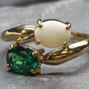 Gold Bypass Ring, Natural Opal Ring, Created Emerald, Gold Plated Ring, October Birthstone, Two Stone Ring, Asymmetric Ring, Vermeil Ring image 8