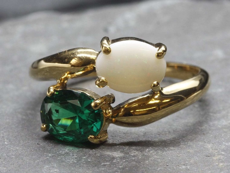 Gold Bypass Ring, Natural Opal Ring, Created Emerald, Gold Plated Ring, October Birthstone, Two Stone Ring, Asymmetric Ring, Vermeil Ring image 8