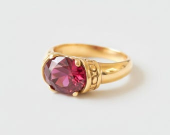 Gold Ruby Ring, Antique Ring, Created Ruby, Gold Plated Ring, 3 Carat Solitaire, Horizontal Ring, Anniversary Ring, Vintage Ring, Vermeil