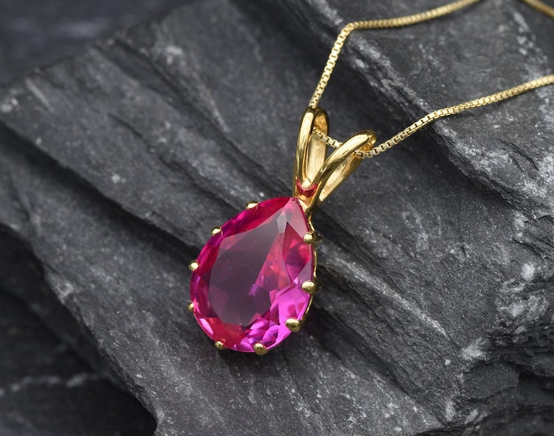 Gold Alexandrite Pendant, Created Alexandrite, June Birthstone, Gold Teardrop Pendant, Gold Pear Pendant, Pink Pendant, Gold Plated Pendant image 7