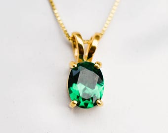 Dainty Emerald Pendant, Gold Pendant, Created Emerald, Small Oval Necklace, Gold Plated Pendant, Dainty Green Pendant, Gold Vermeil Pendant