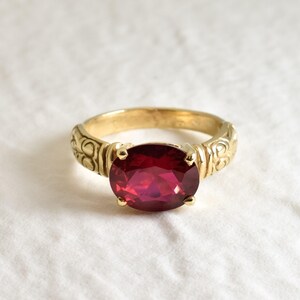 Gold Ruby Ring, Created Ruby, Red Boho Ring, Horizontal Ring, Gold Tribal Ring, Vintage Ring, Solitaire Ring, Gold Plated Ring, Gold Vermeil