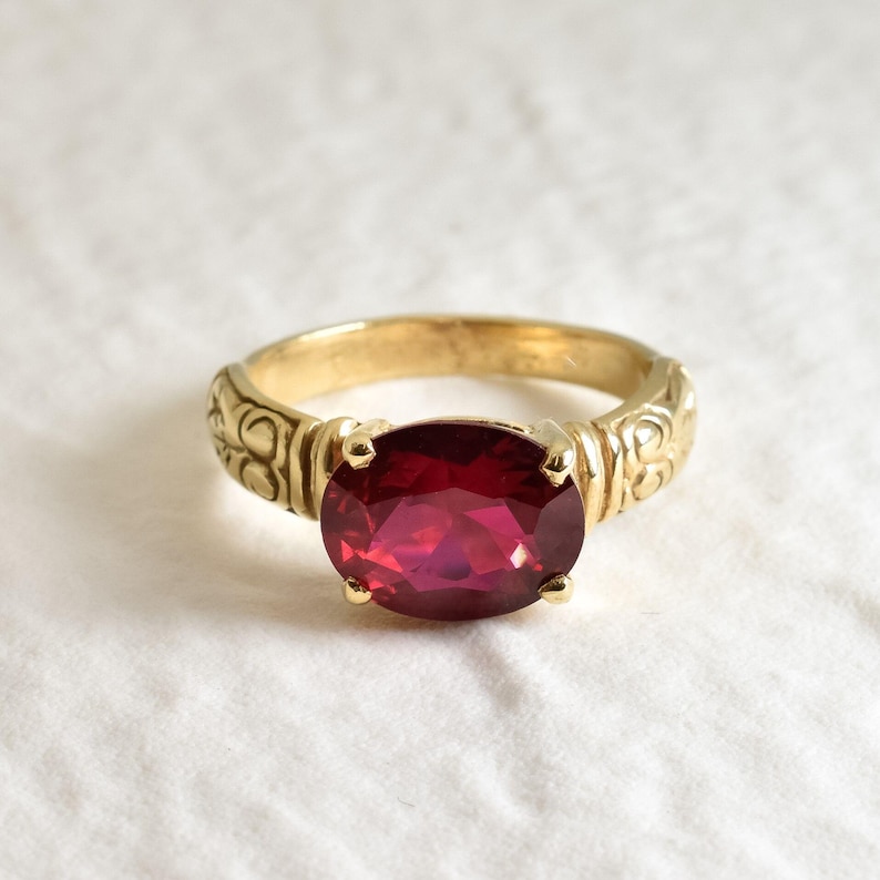 Gold Ruby Ring, Created Ruby, Red Boho Ring, Horizontal Ring, Gold Tribal Ring, Vintage Ring, Solitaire Ring, Gold Plated Ring, Gold Vermeil