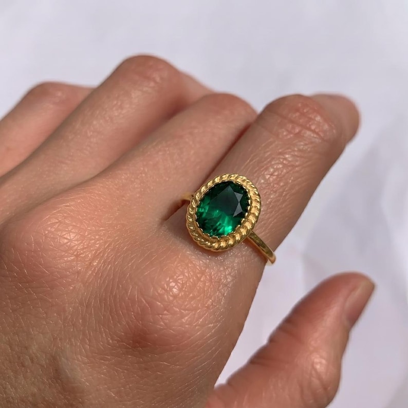 Gold Emerald Ring, Created Emerald, Antique Ring, Gold Plated Ring, Green Vintage Ring, Oval Ring, Gold Vermeil Ring, Green Emerald Ring image 2