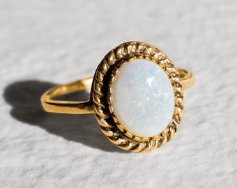 Gold Opal Ring, Natural Australian Opal, White Oval Ring, Bridal Ring, October Birthstone Ring, Vintage Opal Ring, For Her, Gold By Adina