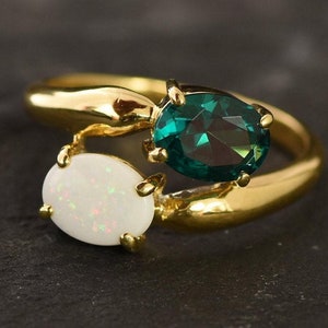 Gold Bypass Ring, Natural Opal Ring, Created Emerald, Gold Plated Ring, October Birthstone, Two Stone Ring, Asymmetric Ring, Vermeil Ring image 7