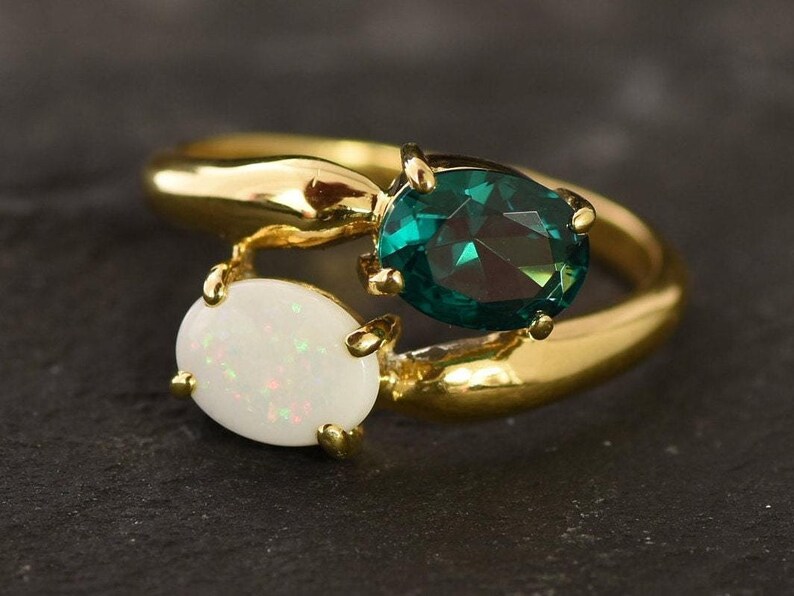 Gold Bypass Ring, Natural Opal Ring, Created Emerald, Gold Plated Ring, October Birthstone, Two Stone Ring, Asymmetric Ring, Vermeil Ring image 7