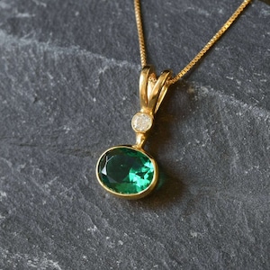 Gold Emerald Pendant, Created Emerald, Green Oval Pendant, Emerald Necklace, Dainty Green Pendant, Gold Vermeil Pendant, Gold Plated Pendant