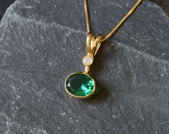 Gold Emerald Pendant, Created Emerald, Green Oval Pendant, Emerald Necklace, Dainty Green Pendant, Gold Vermeil Pendant, Gold Plated Pendant