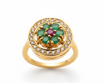 Anello con smeraldo, anello con smeraldo naturale, pietra portafortuna di maggio, anello con fiore in oro, anello vintage in oro, anello con fiore, anello placcato in oro 14 carati, anello rotondo in oro