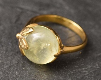 Bladgoud ring, natuurlijke Prehniet, mei Birthstone ring, gouden bloemenring, gouden antieke ring, vintage ring, massief zilveren ring, 18K verguld
