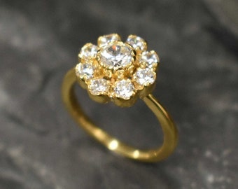 Gold Flower Ring, Diamond Ring, Created CZ Diamond, Gold Plated Ring, Proposal Ring, Sparkly Ring, Vintage Ring, Floral Ring, Vermeil Ring